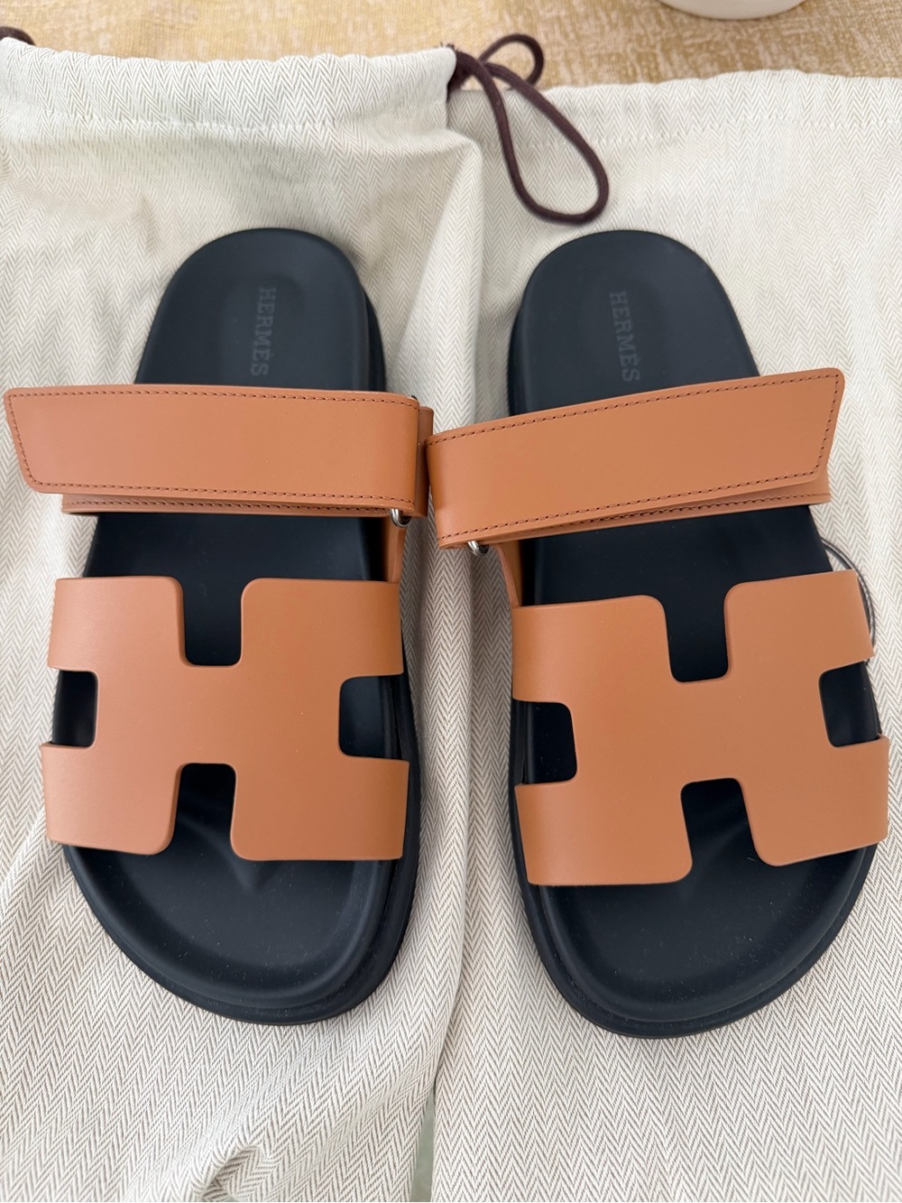 Hermes Tan Leather H-Slot Slide Sandals with Black Footbed
